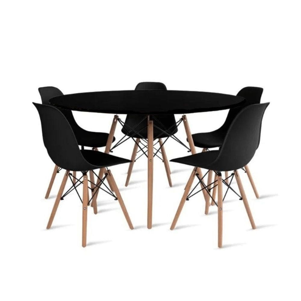 Conjunto De Mesa De Jantar Eames Eiffel Redonda 120cm Tampo De Madeira Com 5 Cadeiras Preto