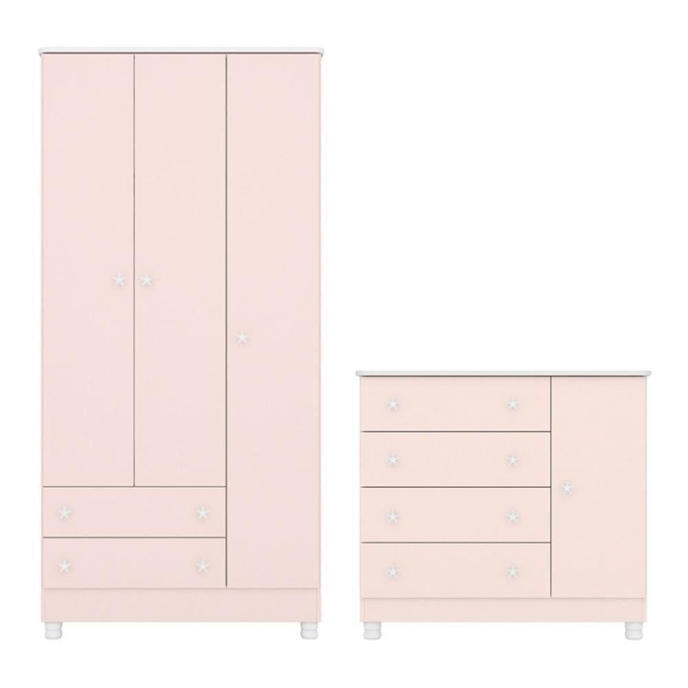 Jogo De Quarto Doce Sonho Guarda Roupa 3 Portas E Cômoda 1 Porta Rosa Acetinado Com Pés - Qmovi Rosa Acetinado