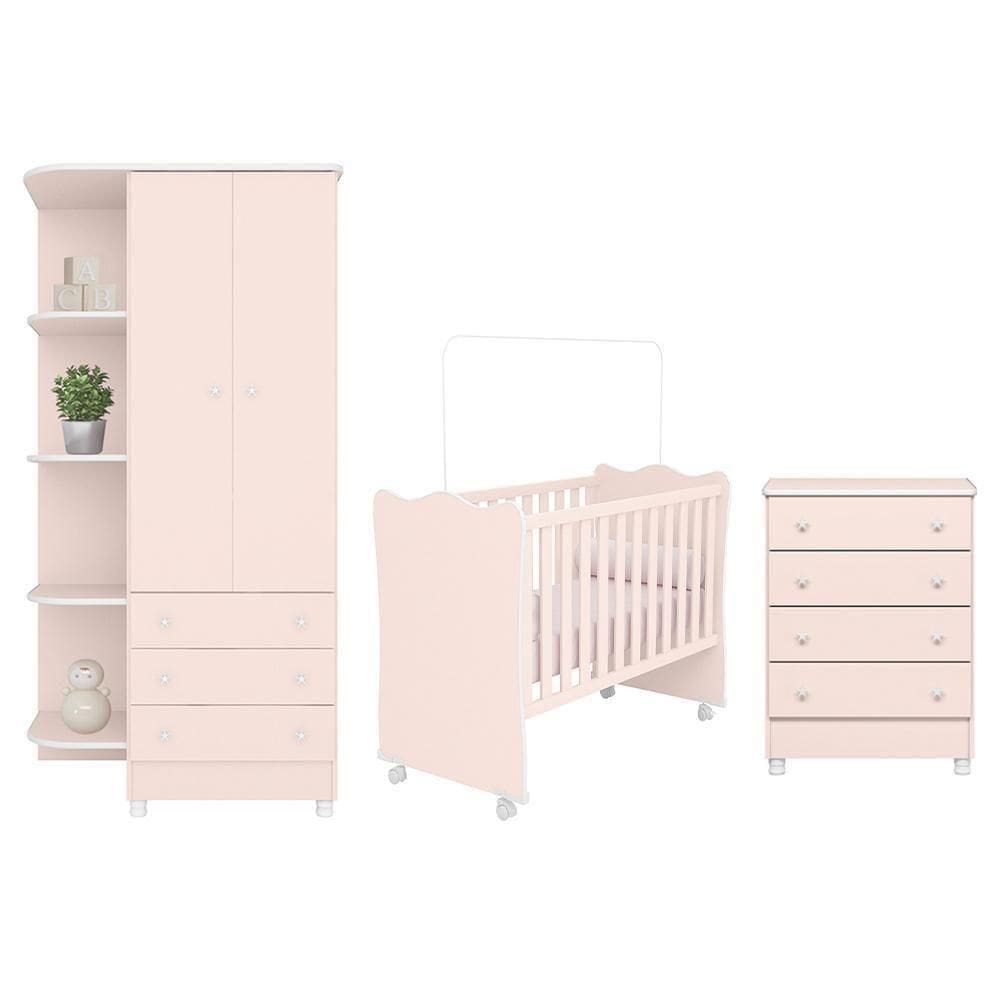 Dormitório Infantil Doce Sonho 2 Portas, Cômoda 4 Gavetas E Berço Rosa Acetinado Com Rodízio - Qmovi Rosa Acetinado