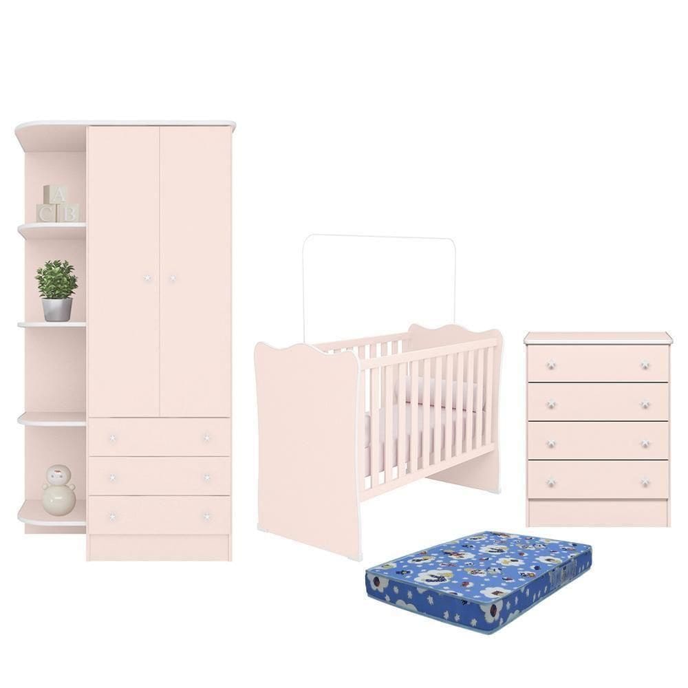Dormitório Infantil Doce Sonho 2 Portas, Cômoda 4 Gavetas E Berço Rosa Acetinado Com Colchão - Qmovi Rosa Acetinado