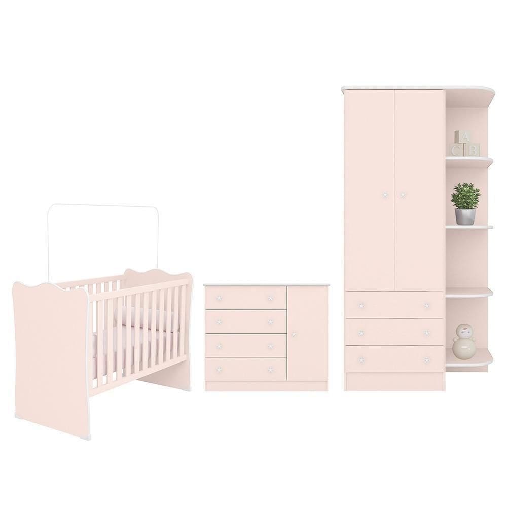 Dormitório Infantil Doce Sonho 2 Portas, Cômoda 1 Porta E Berço Rosa Acetinado - Qmovi Rosa Acetinado