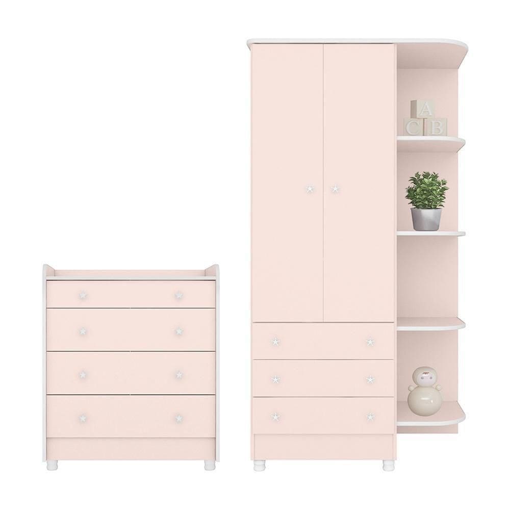 Jogo De Quarto Infantil Doce Sonho Guarda Roupa 2 Portas E Cômoda Trocador Rosa Acetinado Com Pés - Qmovi Rosa Acetinado