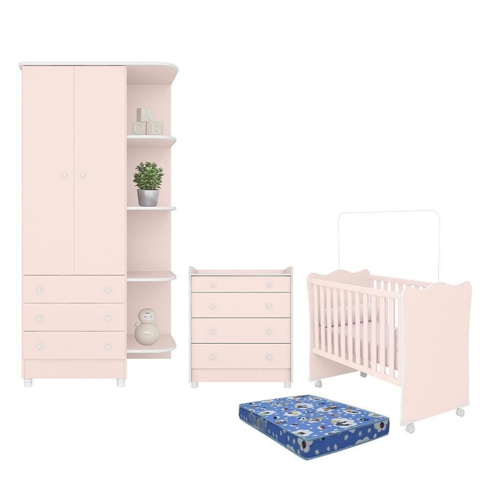 Dormitório Doce Sonho Guarda Roupa, Cômoda Trocador, Berço Rosa Acetinado Com Rodízio E Colchão Baby Physical - Qmovi Rosa Acetinado