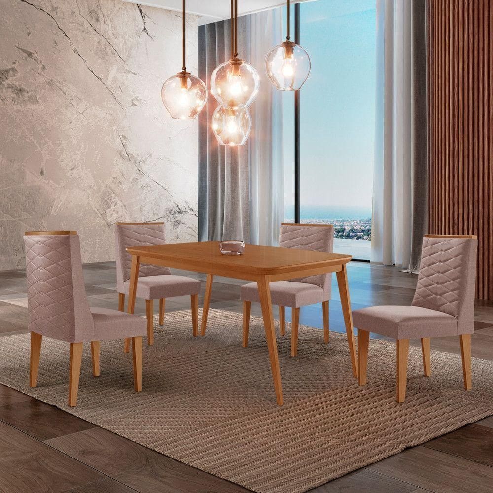 Mesa De Jantar Copper 120cm Tampo Mdf 4 Cadeiras Moderna Linho Capuccino//