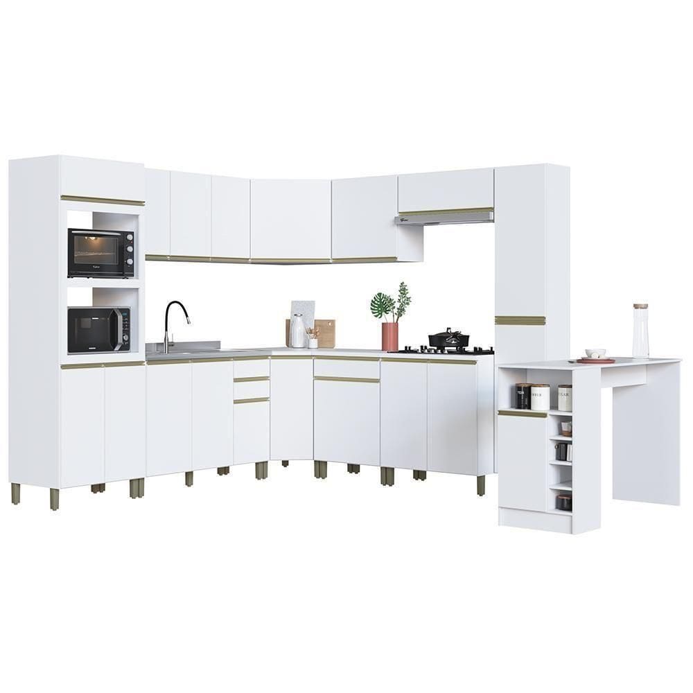 Cozinha Modulada De Canto Dinamarca 11 Peças Com Torre Quente 2 Fornos E Bancada Branco - Indékes Branco