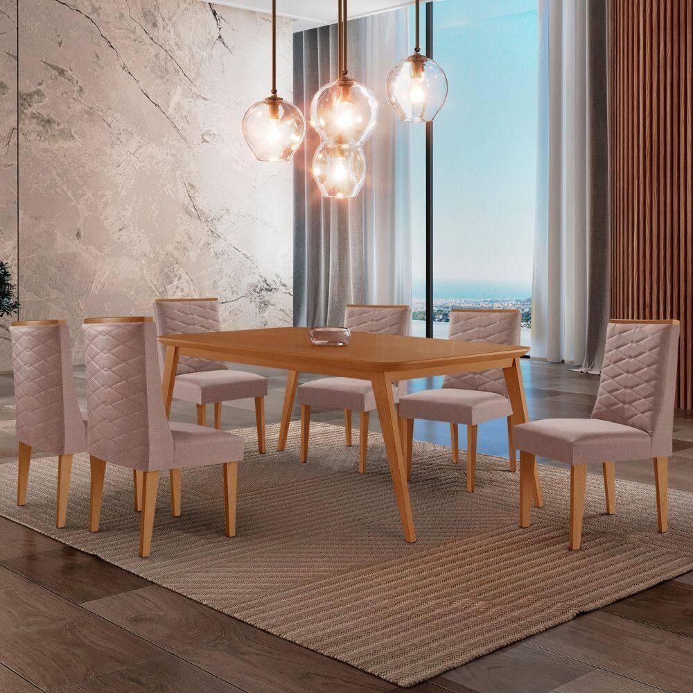 Mesa De Jantar Copper 180cm Tampo Mdf Com 6 Cadeiras Moderna Linho Capuccino//