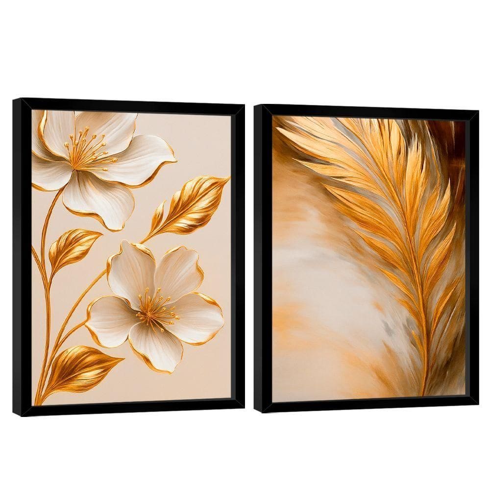 Quadro Decorativo Flor E Folha Dourada Duo