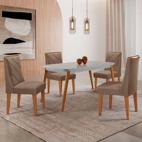 Mesa De Jantar Copper 120cm Mdf Vidro Com 4 Cadeiras Moderna Veludo Capuccino/off/nat/serig Off