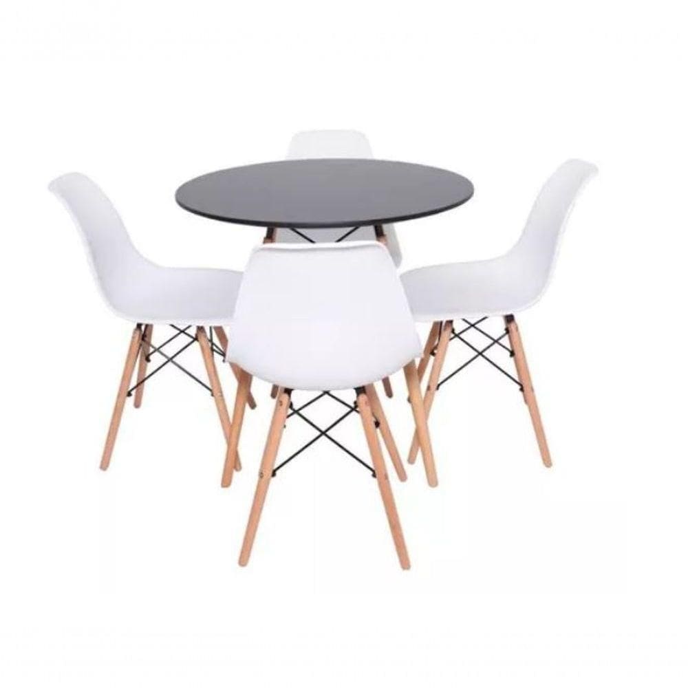 Conjunto De Mesa De Jantar Eames Eiffel Redonda 100cm Tampo De Madeira Preto Com 4 Cadeiras Brancas