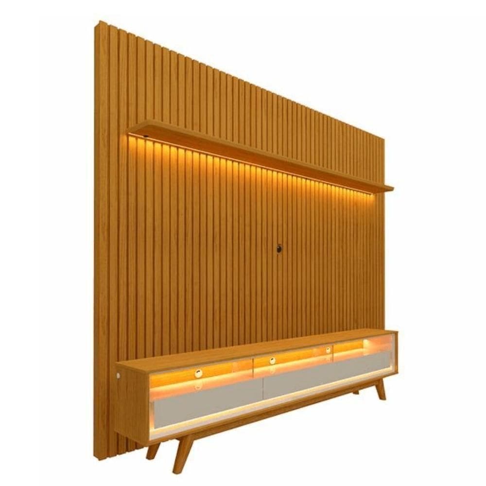 Rack Reluz 3 Gavetas Com Painel Para Até 75 Polegadas Led Ripado Nobre E Off White