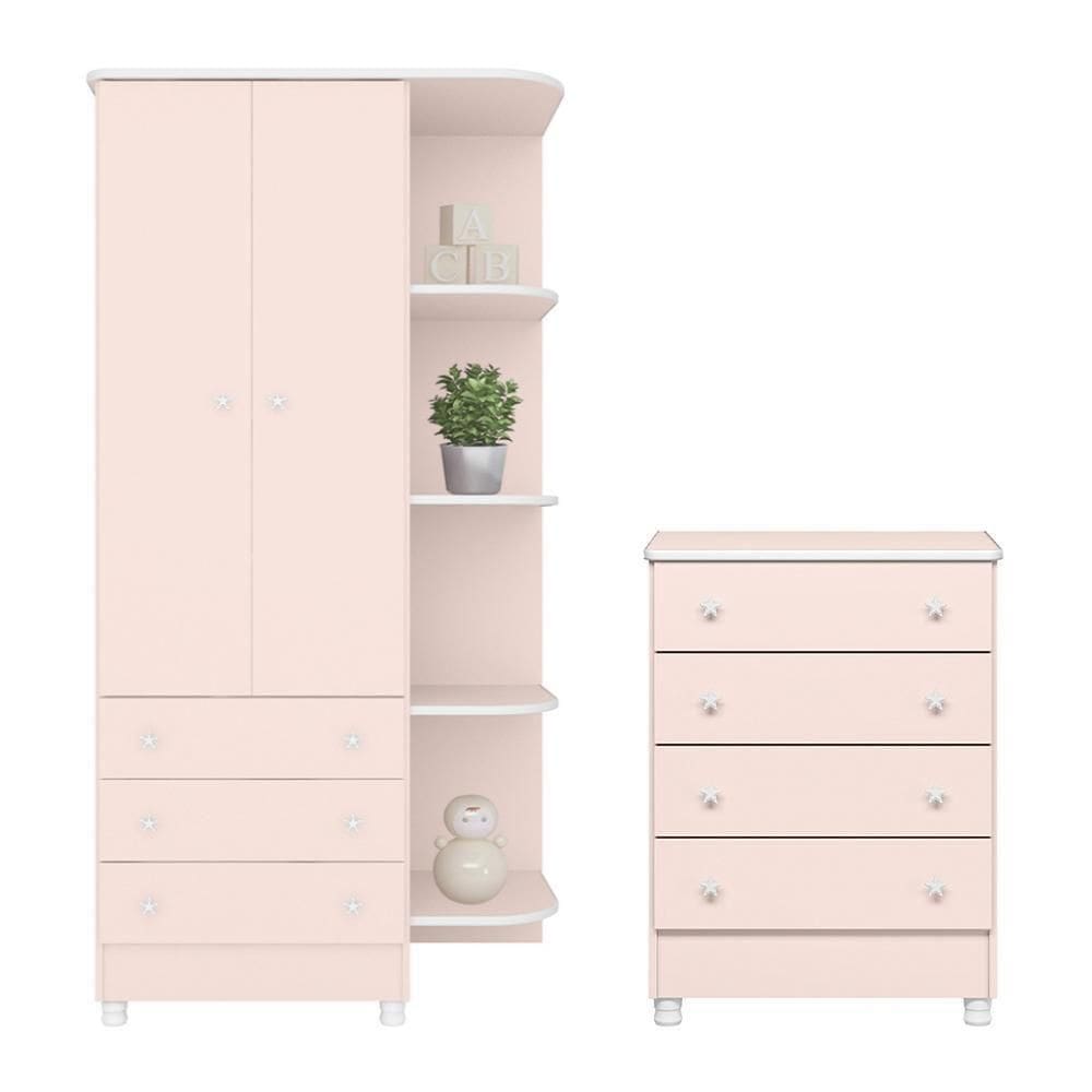 Jogo De Quarto Doce Sonho Guarda Roupa 2 Portas E Cômoda 4 Gavetas Rosa Acetinado Com Pés - Qmovi Rosa Acetinado