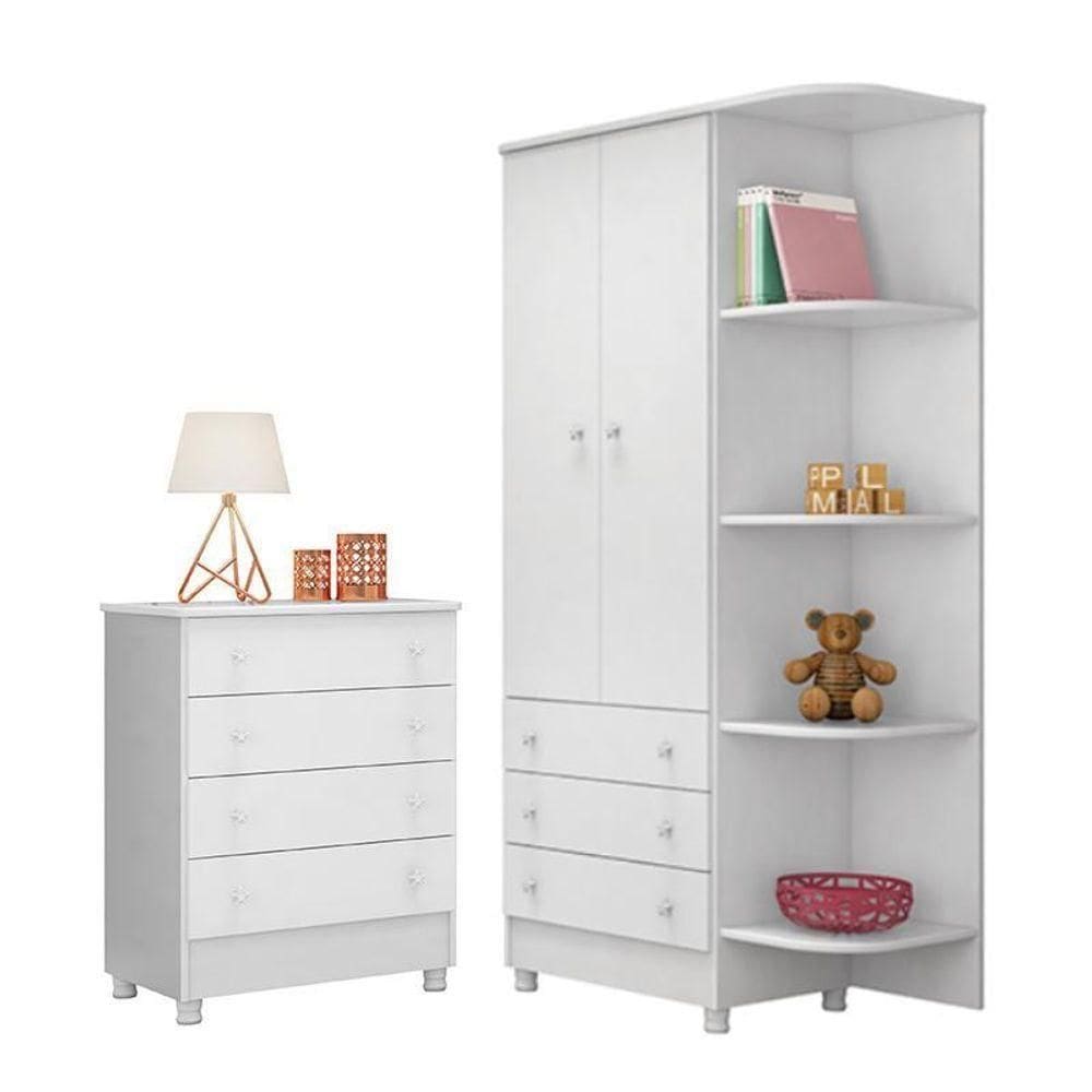 Jogo De Quarto Doce Sonho Guarda Roupa 2 Portas E Cômoda 4 Gavetas Branco Com Pés - Qmovi Branco