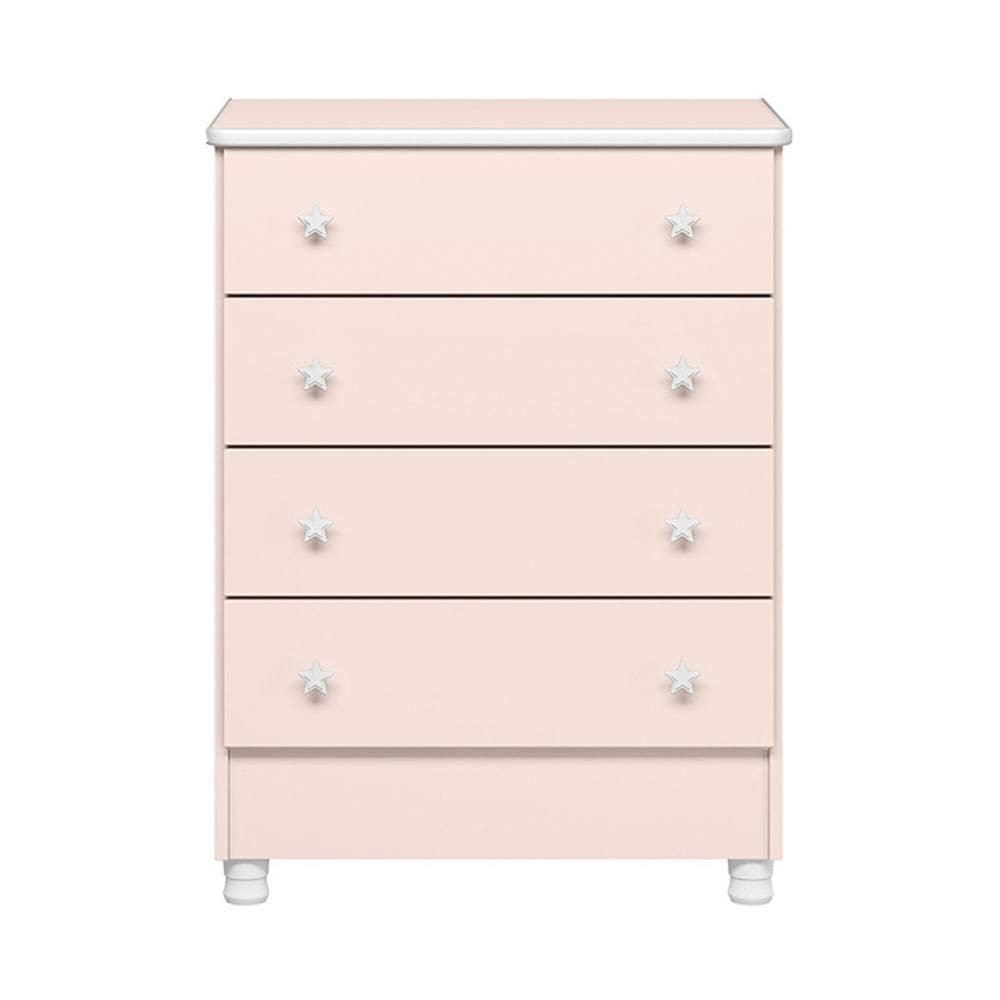 Cômoda Infantil 4 Gavetas Doce Sonho Rosa Acetinado Com Pés - Qmovi Rosa Acetinado