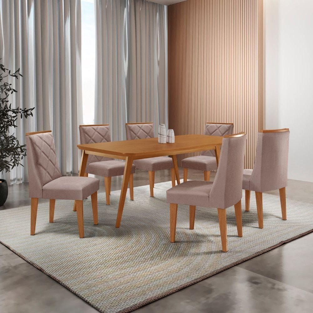 Mesa De Jantar Copper 180cm Tampo Com 6 Cadeiras Moderna Linho Capuccino//