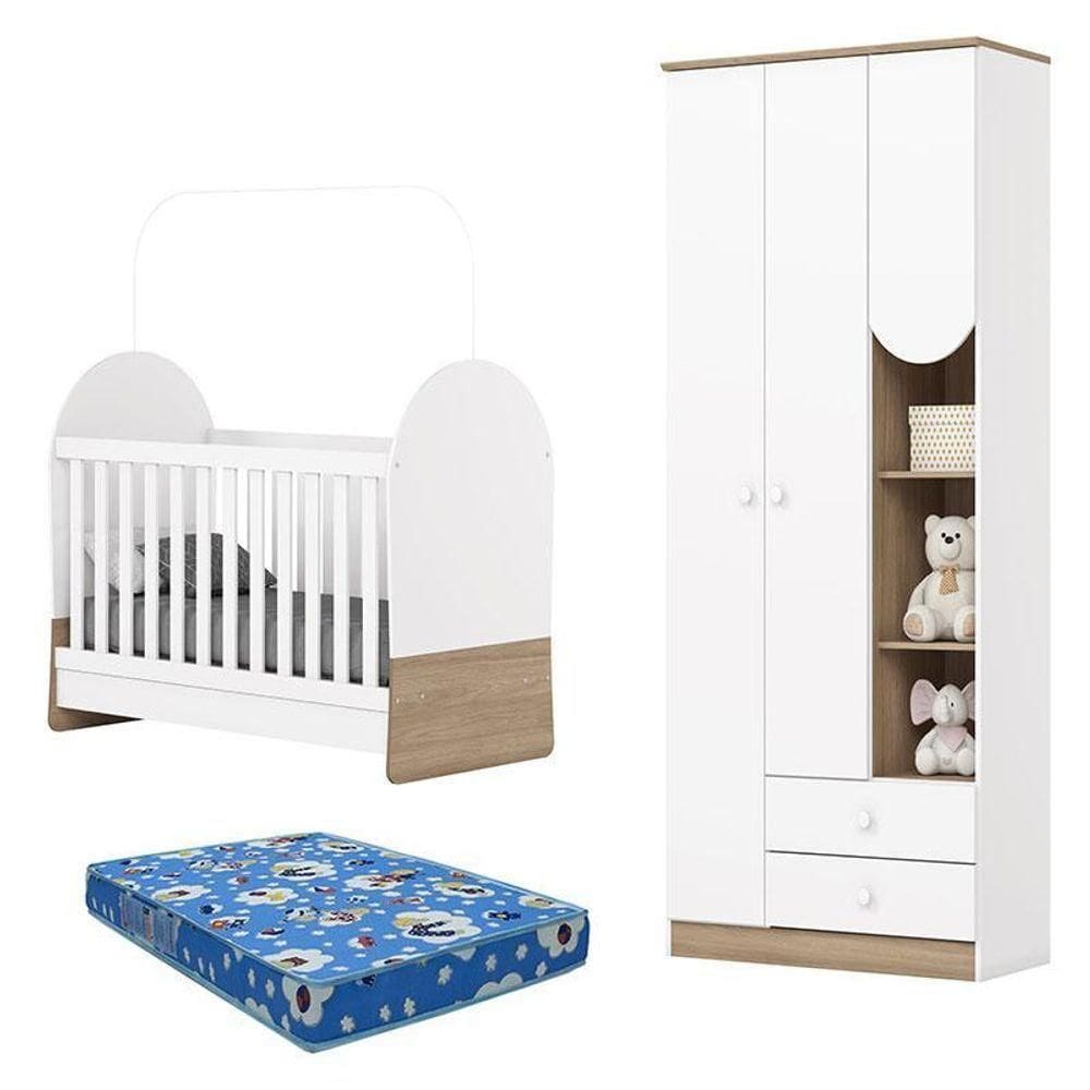 Guarda Roupa 3 Portas E Berço Mini Cama Magia Branco Jequitibá Com Colchão 130x60 Tend Tudo Móveis - Henn