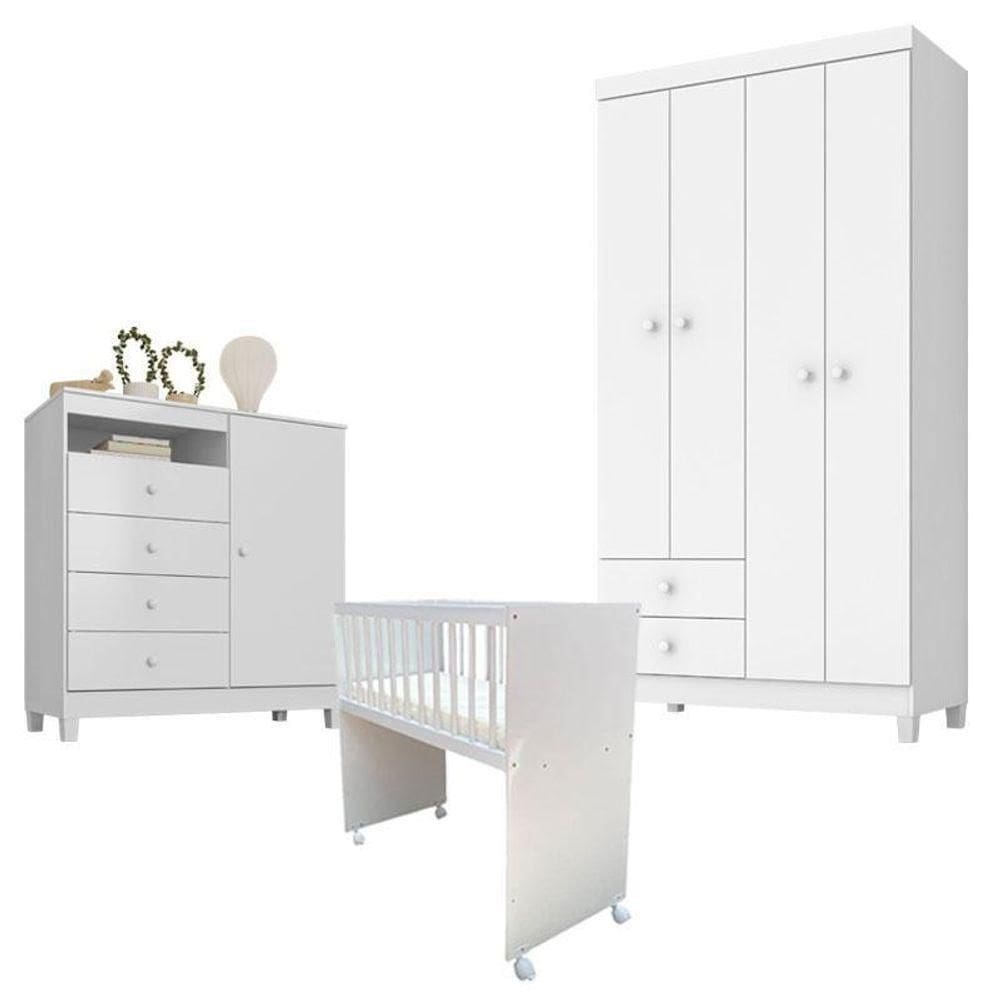 Quarto Bebê 4 Portas Ternura Baby E Mini Berço Moisés Alegria Com Colchão Branco - Incorplac
