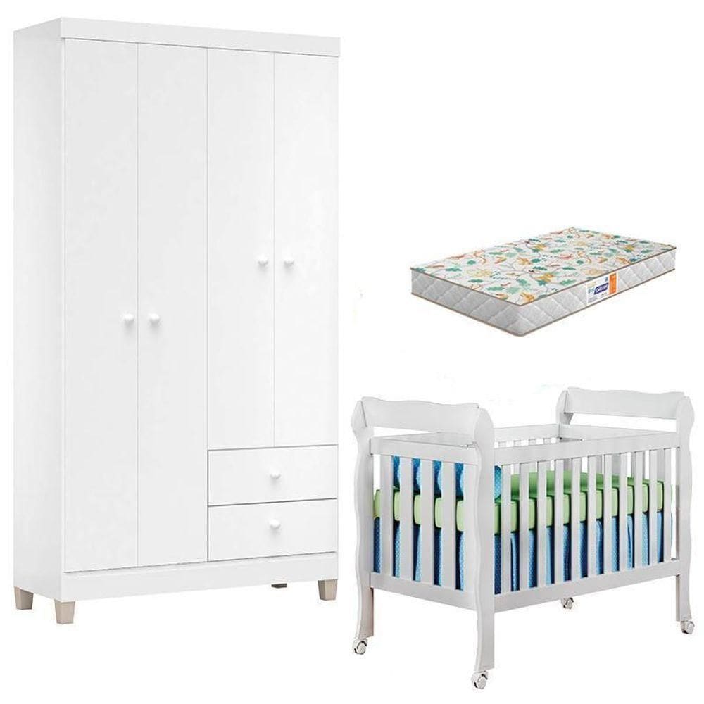 Berço Americano Lila Com Colchão Gazin E Guarda Roupa Ternura Baby 4 Portas Branco - Incorplac