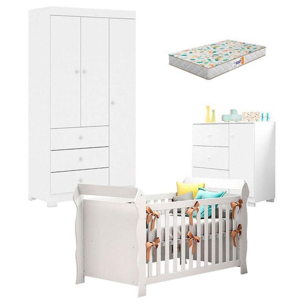Quarto De Bebê Duda 3 Portas E Berço Americano Lara Branco Brilho Com Colchão Gazin – Phoenix Baby