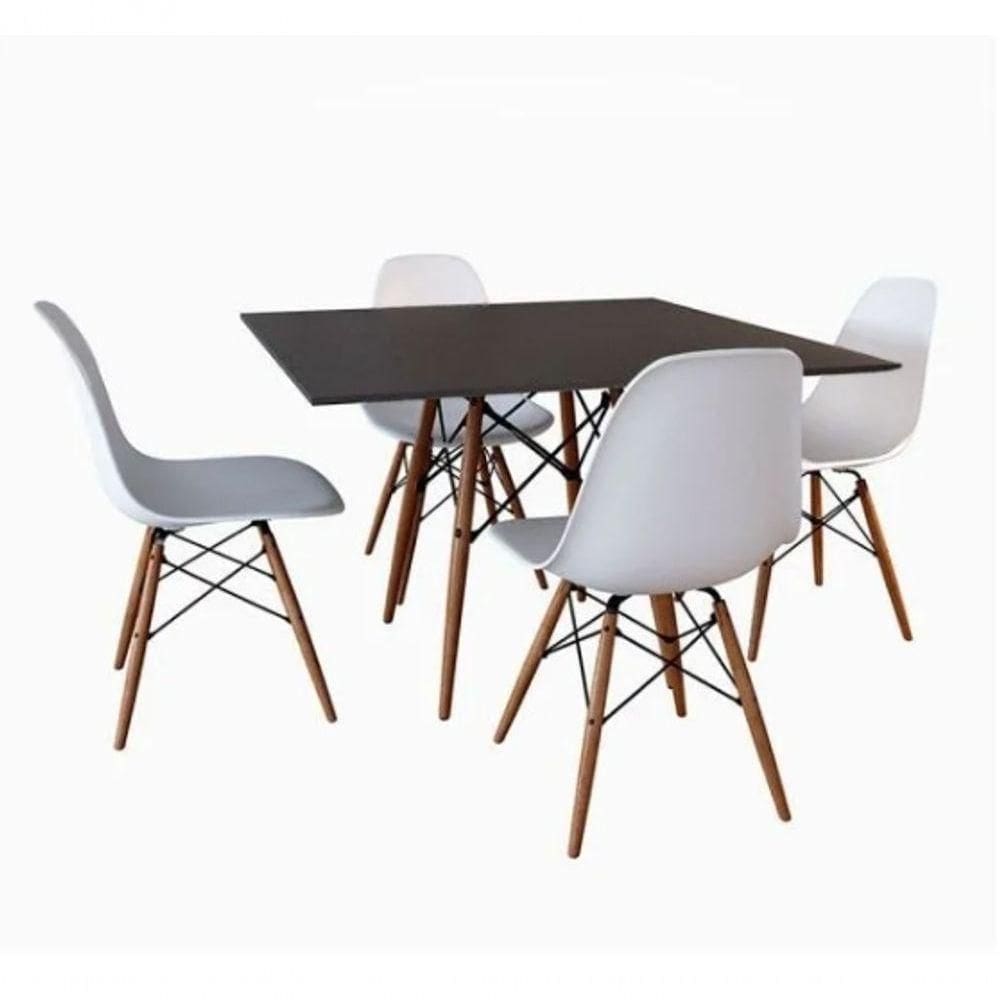 Conjunto Mesa Jantar Quadrada Eiffel 90cm Preto Mdf + 4 Cadeiras Charles Eames Brancas