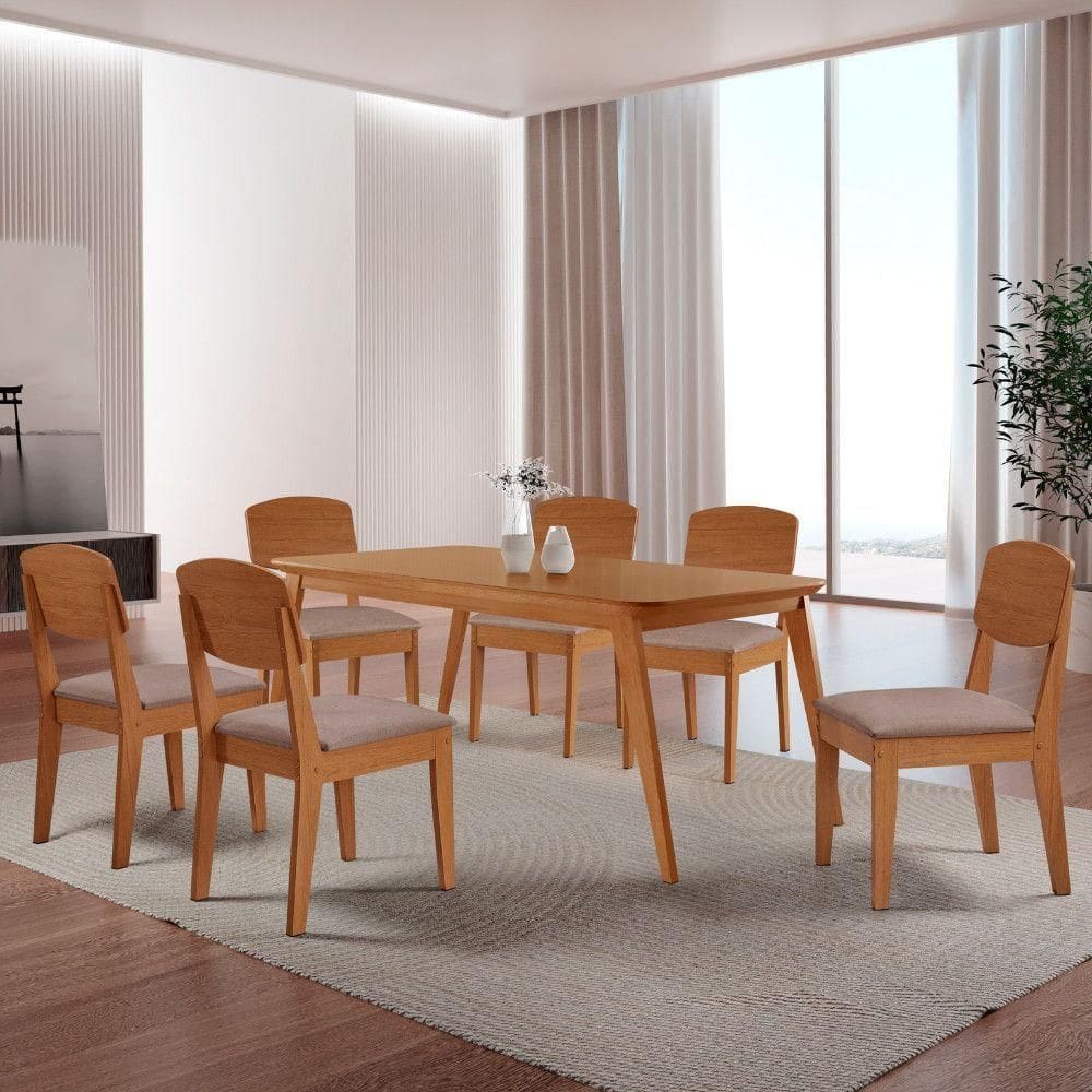 Mesa De Jantar Copper 180cm Tampo Mdf 6 Cadeiras Moderna Linho Capuccino//