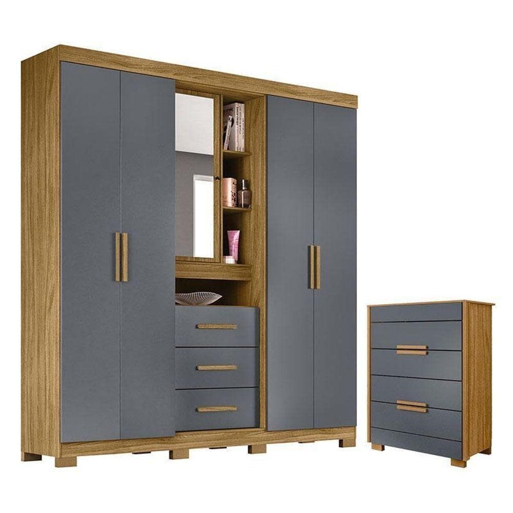 Guarda Roupa Solteiro Eldorado E Cômoda Dhara Freijó Cinza - Moval