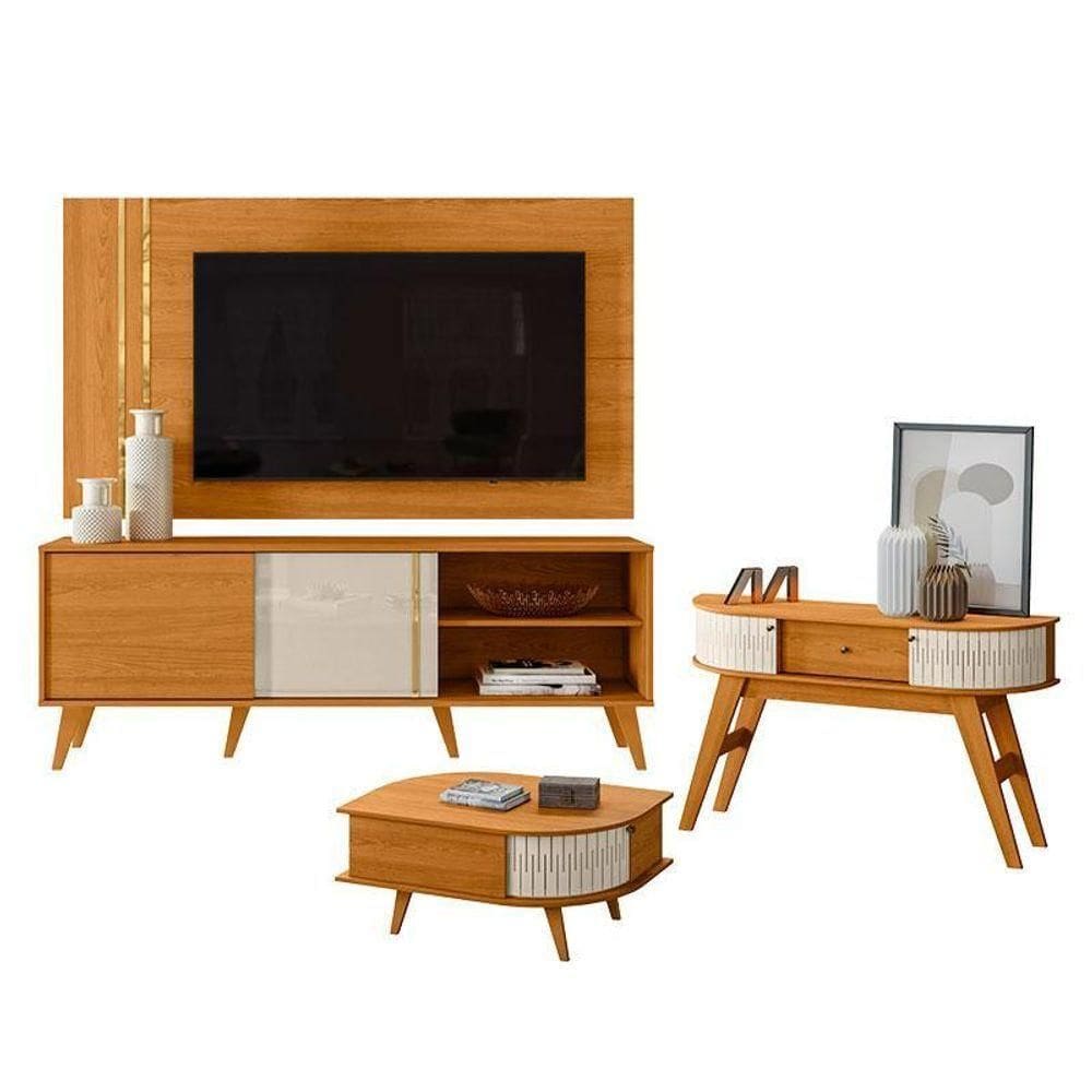 Rack Bancada E Painel Para Cronos Com Aparador Estoril E Mesa De Centro Indianápolis Cinamomo Off White – Madetec