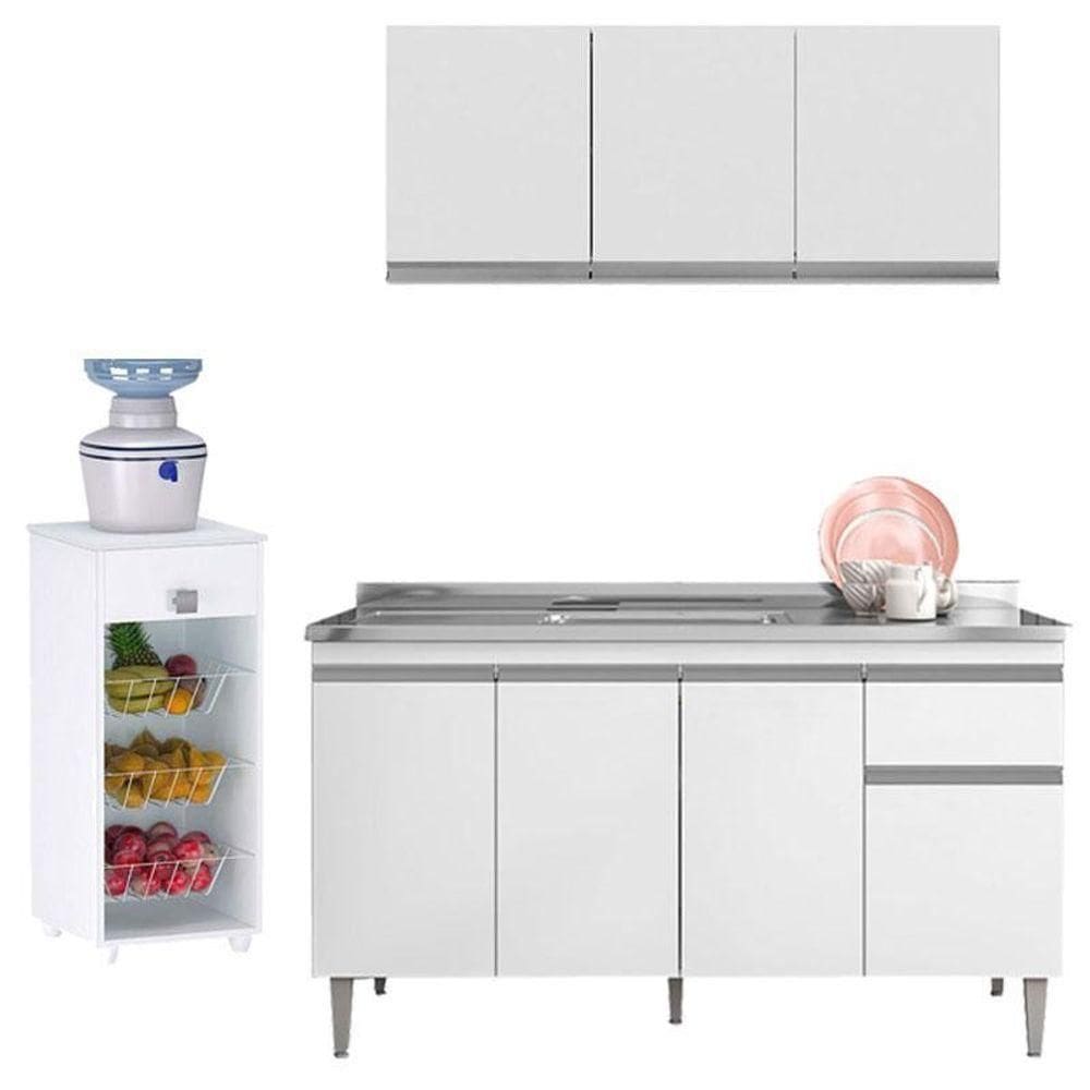 Balcão De Pia Tatiane 145 Cm E Armário Aéreo Andréia 3 Portas 120 Cm Com Fruteira Monalise Branco Brilho – Ajl