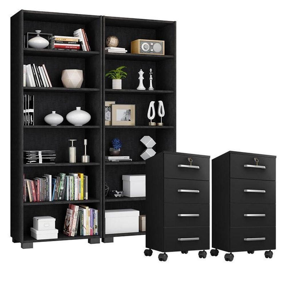Kit 2 Gaveteiros Para Escritório Gávea Com Chave E 2 Livreiros Office Preto Fosco – Móveis Leão