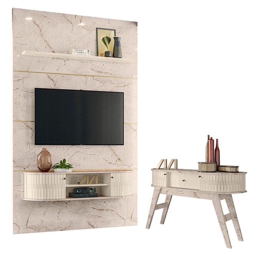 Estante Home Theater Com Bancada Suspensa Monte Carlo Com Aparador Estoril Calacata Off White – Madetec