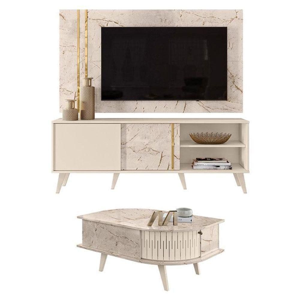 Rack Bancada E Painel Para Cronos Com Mesa De Centro Indianápolis Calacata Off White – Madetec