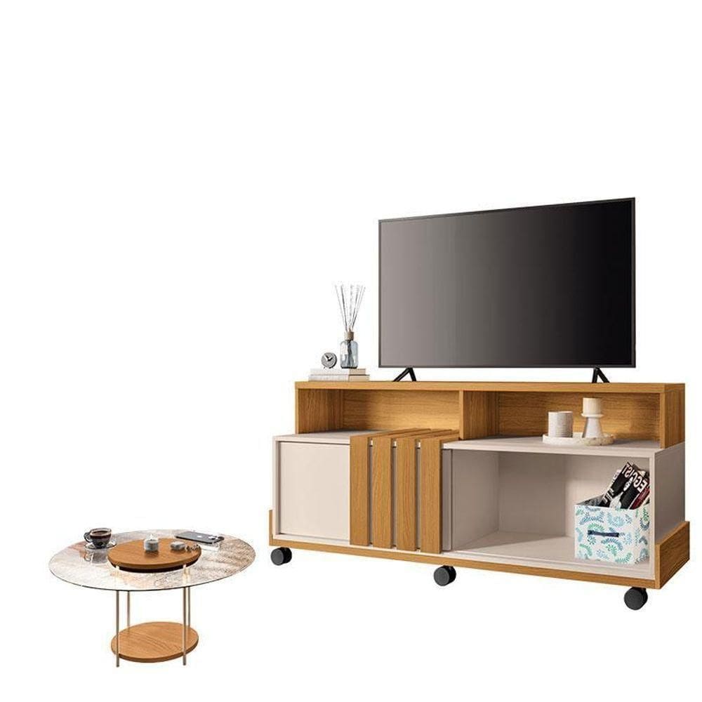 Rack Bancada Graci Com Mesa De Centro Sky Com Tampo De Vidro Cinamomo Off White – Hb Móveis