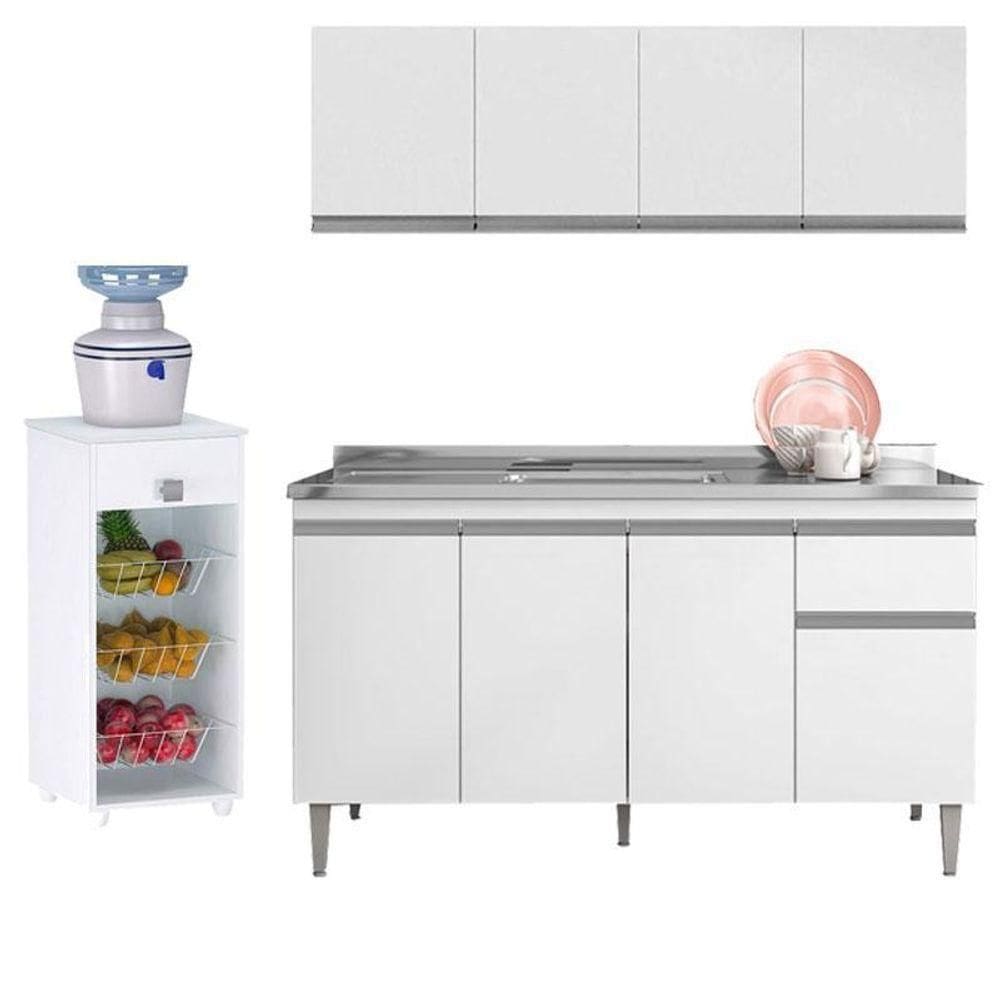 Balcão De Pia Tatiane 145 Cm E Armário Aéreo Andréia 4 Portas 150 Cm Com Fruteira Monalise Branco Brilho – Ajl