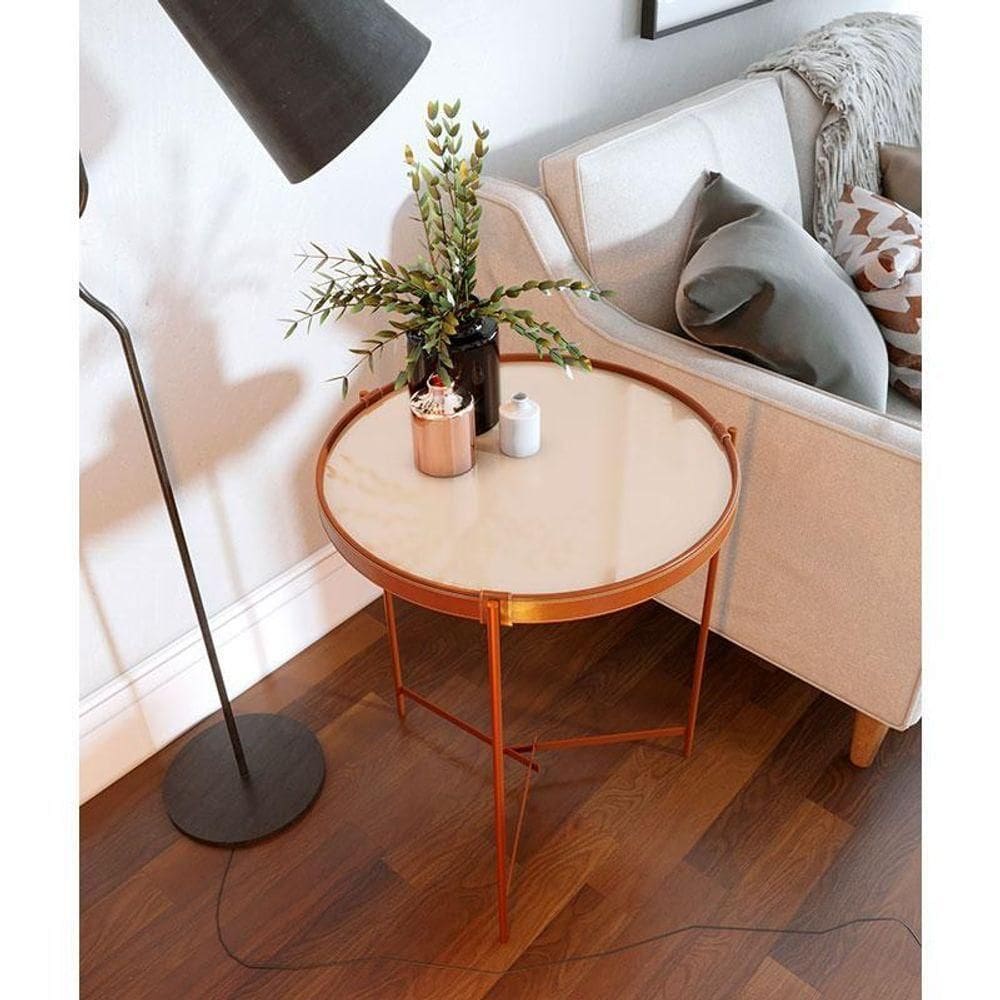 Mesa Lateral Ambiente Aqua Pequena Com Vidro Off White Cobre - Imcal
