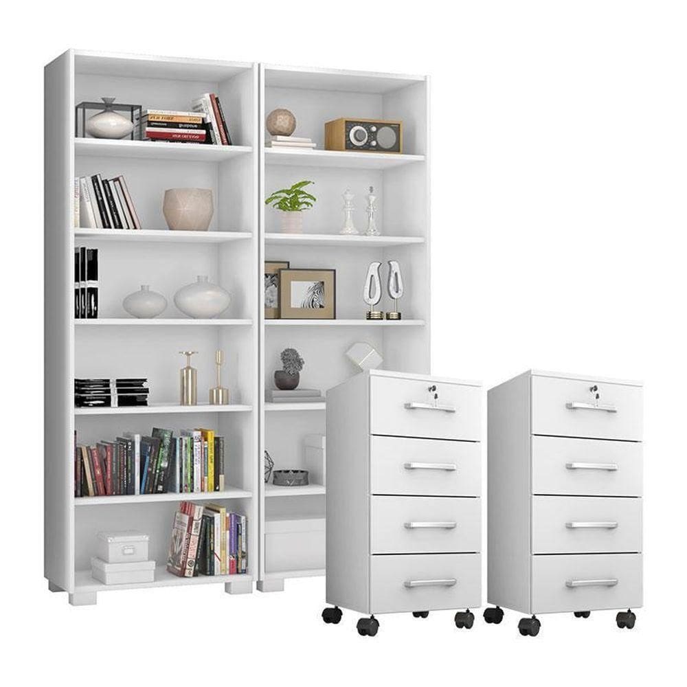 Kit 2 Gaveteiros Para Escritório Gávea Com Chave E 2 Livreiros Office Branco Fosco – Móveis Leão