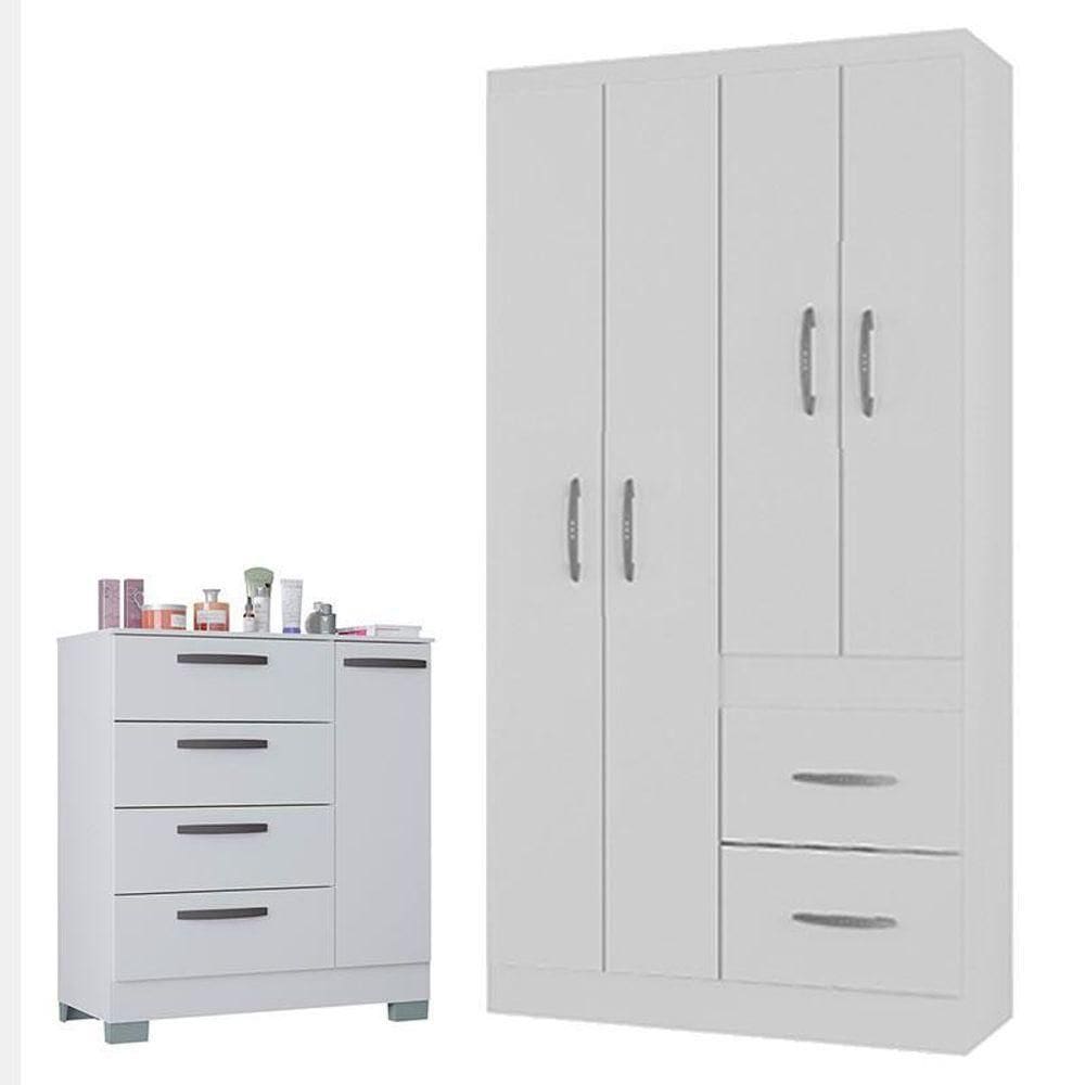Cômoda 868 4 Gavetas E 1 Porta Com Guarda Roupa Solteiro Milão 4 Portas Branco Brilho - Poquema