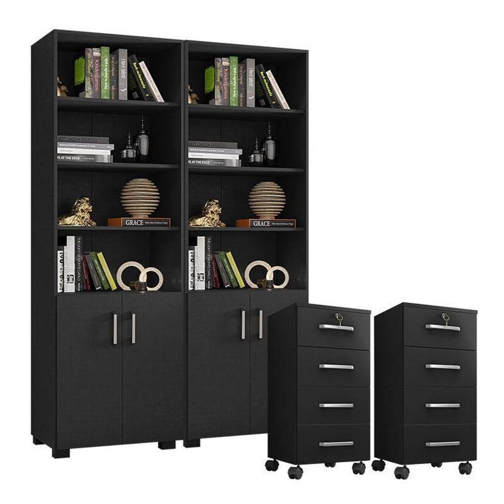 Kit 2 Gaveteiros Para Escritório Gávea Com Chave E 2 Livreiros Office Com Portas Pequenas Preto Fosco – Móveis Leão