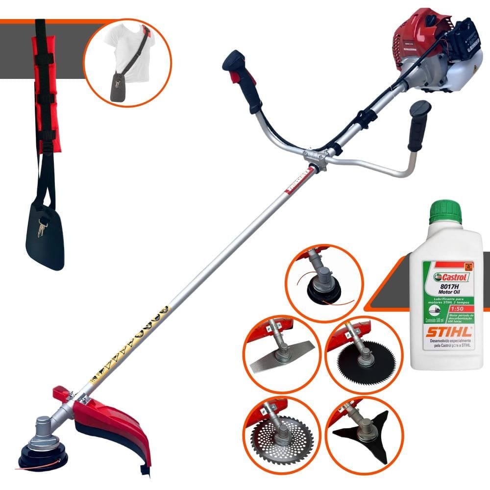 Roçadeira Completa Kawashima BCJ431L À Gasolina 43cc 1,7HP 10.000rpm Com Carretel Nylon + Lâminas Facão, 3 Pontas, 40 Dentes, 80 Dentes + ÓLEO STIHL