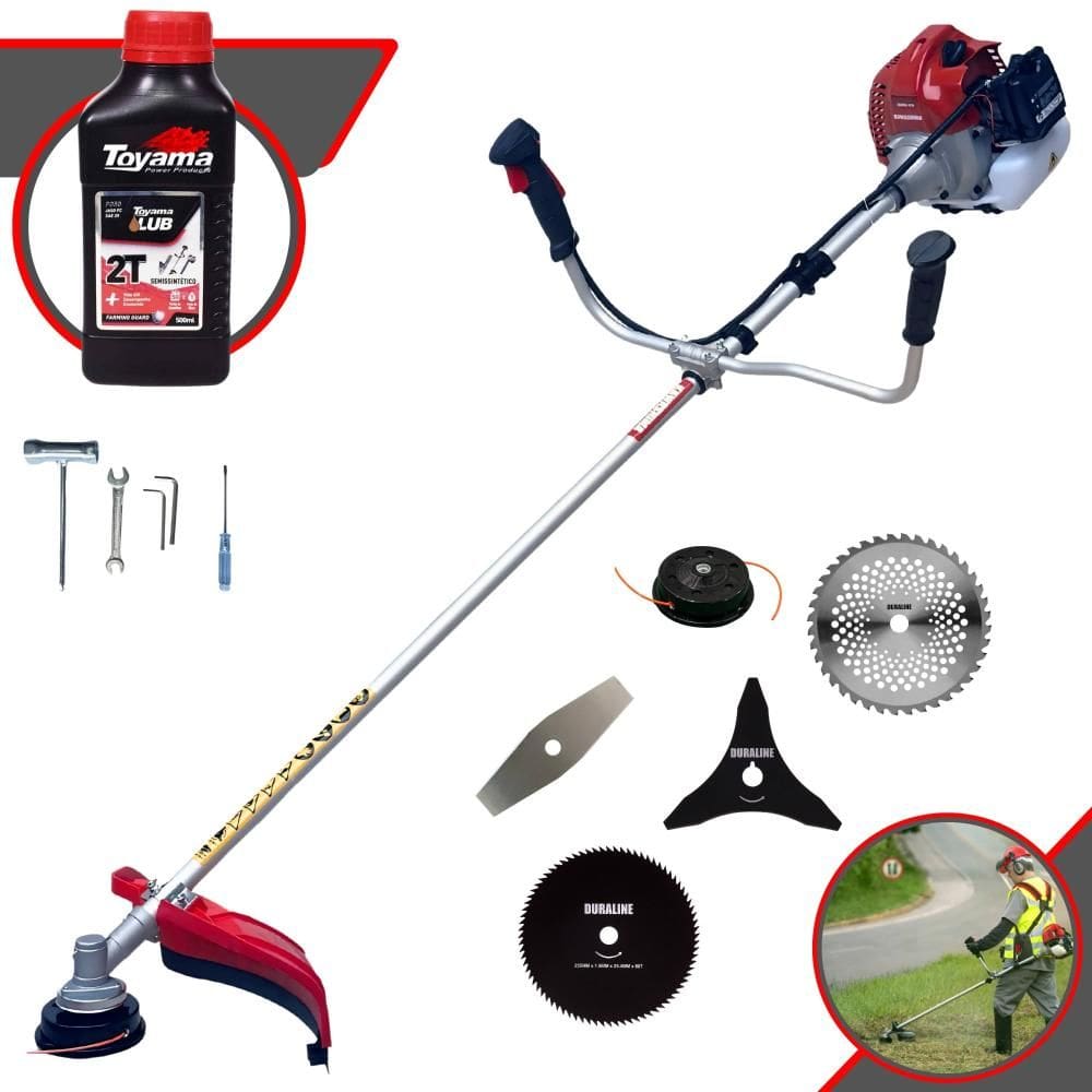 Roçadeira Kawashima BCJ431 À Gasolina 43cc 1,7HP Com Faca 2 Pontas + Faca 3 Pontas + Faca 40 Dentes + Faca 80 Dentes + Carretel Nylon + ÓLEO TOYAMA 2T