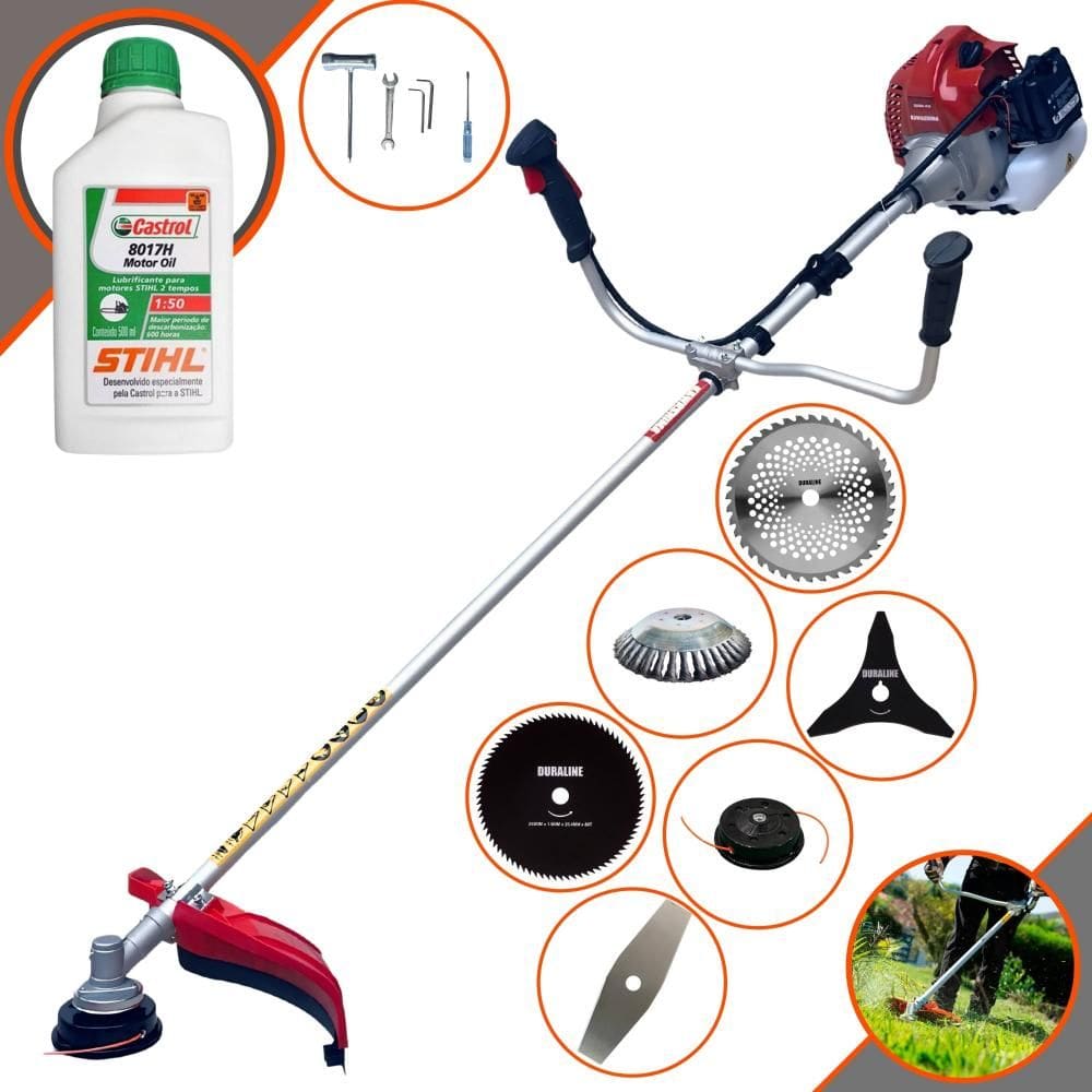 Aparador de Grama Profissional À Gasolina Kawashima BCJ431L 43cc 1,7HP 10000rpm Roçadeira Multifuncional Lateral Com 6 Opões de Cortes + ÓLEO STIHL 2T