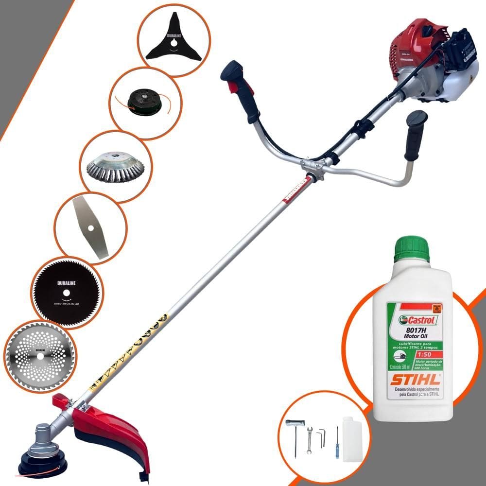 Máquina de Cortar Grama Multifuncional Kawashima BCJ431L À Gasolina 43cc 1,7HP de Potência 10.000rpm 2T Roçadeira Completa 6 Em 1 + ÓLEO STIHL 8017