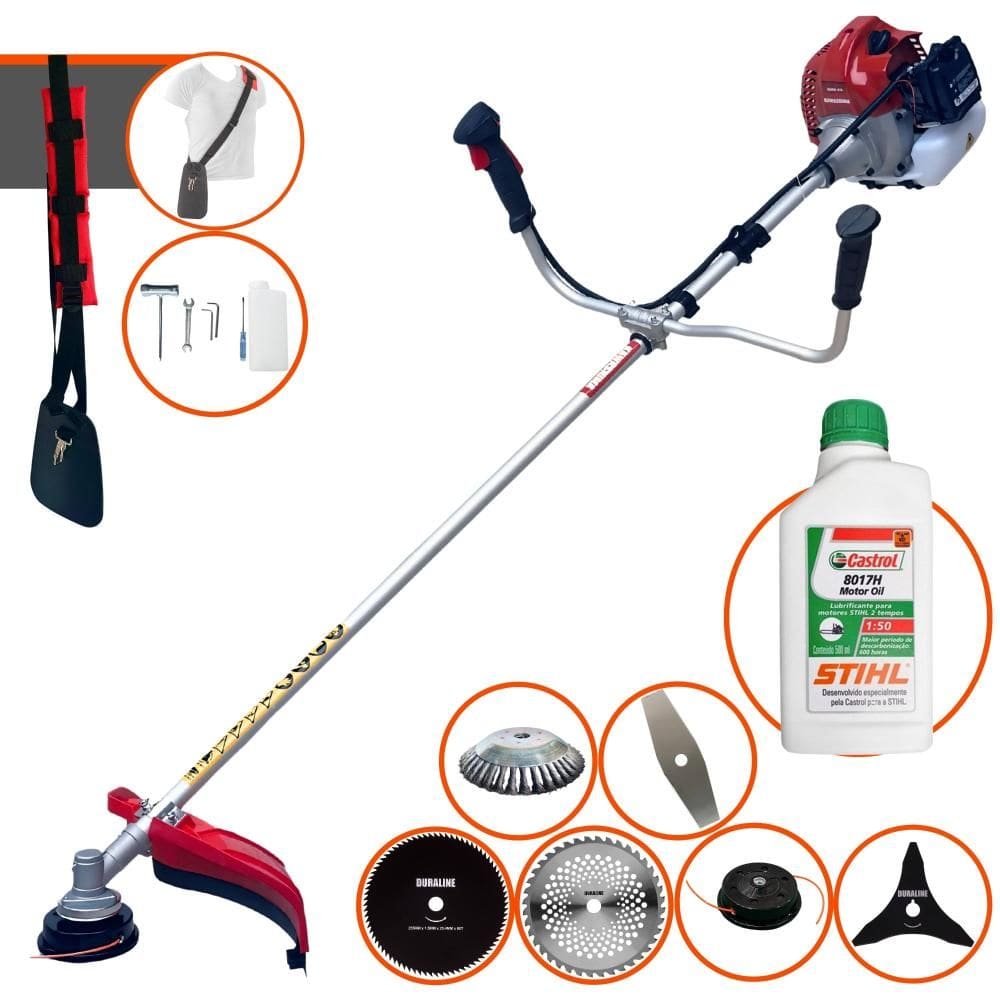 Roçadeira Aparador de Grama À Gasolina Kawashima BCJ431-L 43cc 1,7HP 10.000rpm Completo Com Kit 4 Lâminas + Carretel + Escova de Aço + ÓLEO STIHL 2T