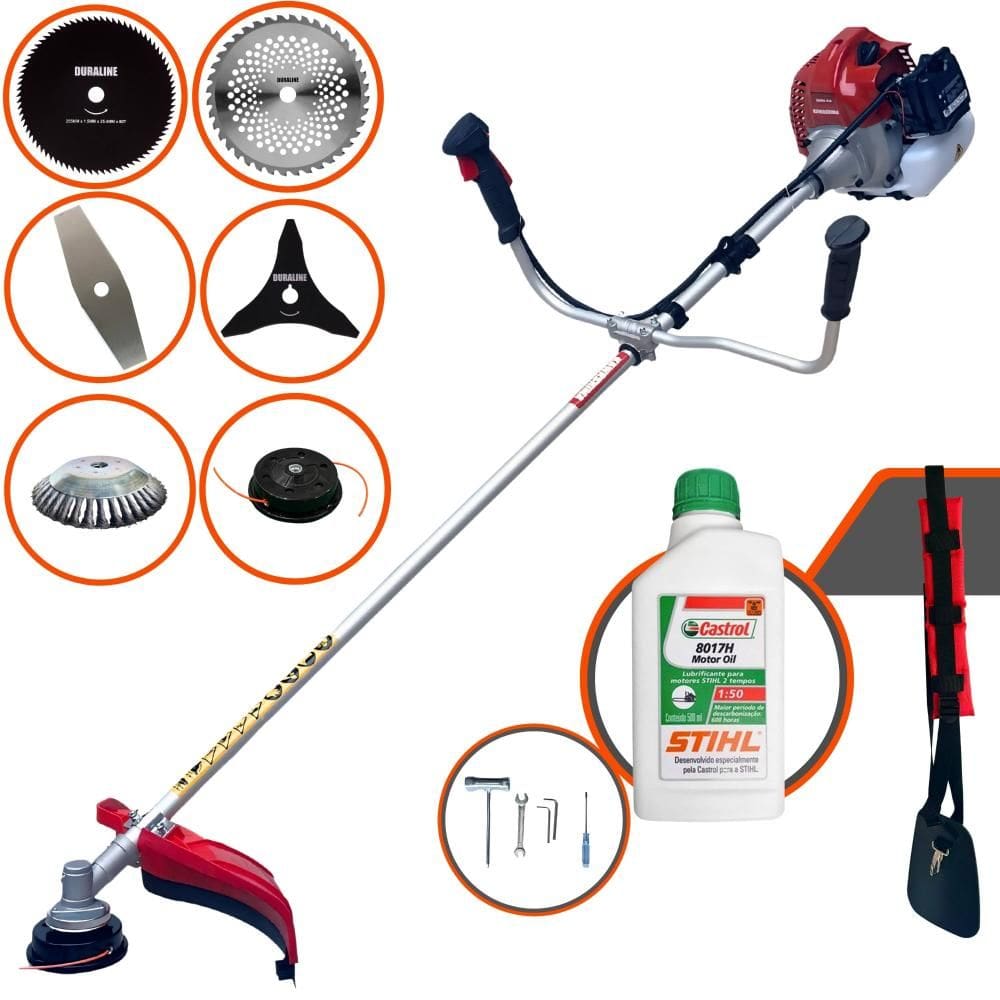 Roçadeira Lateral Kawashima BCJ431-L 43cc Com Lâmina Facão, Lâmina 3 Pontas, Lâmina 40 Dentes Vídea, Lâmina 80 Dentes + Escova de Aço + ÓLEO STIHL 2T