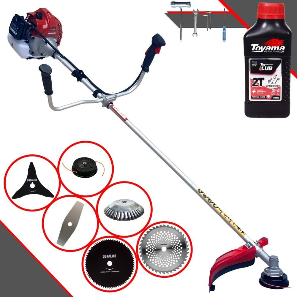 Roçadeira À Gasolina Kawashima BCJ431L 43cc Com Carretel, Faca 2 Pontas, Faca 3 Pontas, Faca 40 Dentes, Faca 80 Dentes + Escova de Aço + ÓLEO TOYAMA