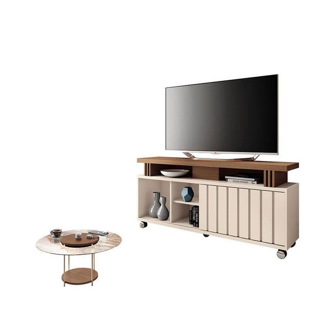 Rack Bancada Rivera Com Mesa De Centro Sky Com Tampo De Vidro Castanho Off White – Hb Móveis