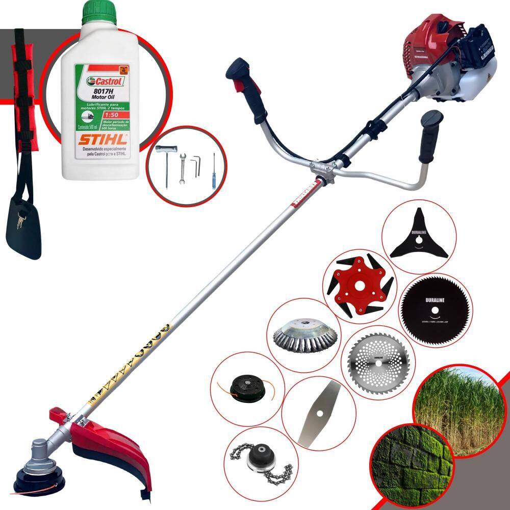Roçadeira Kawashima BCJ431L 43cc 1,7HP + Facas 2 Pontas, 3 Pontas, 6 Pontas, 40 Dentes, 80 Dentes, Trimmer, Carretel, Escova de Aço + ÓLEO STIHL 2T