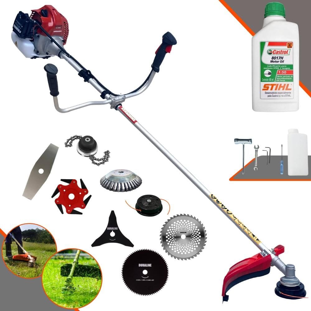 Roçadeira Robusta Kawashima BCJ431-L À Gasolina 43cc 1,7HP Para Todos os Tipos de Trabalho Com Carretel Nylon + Kit de 7 Opções de Cortes + ÓLEO STIHL