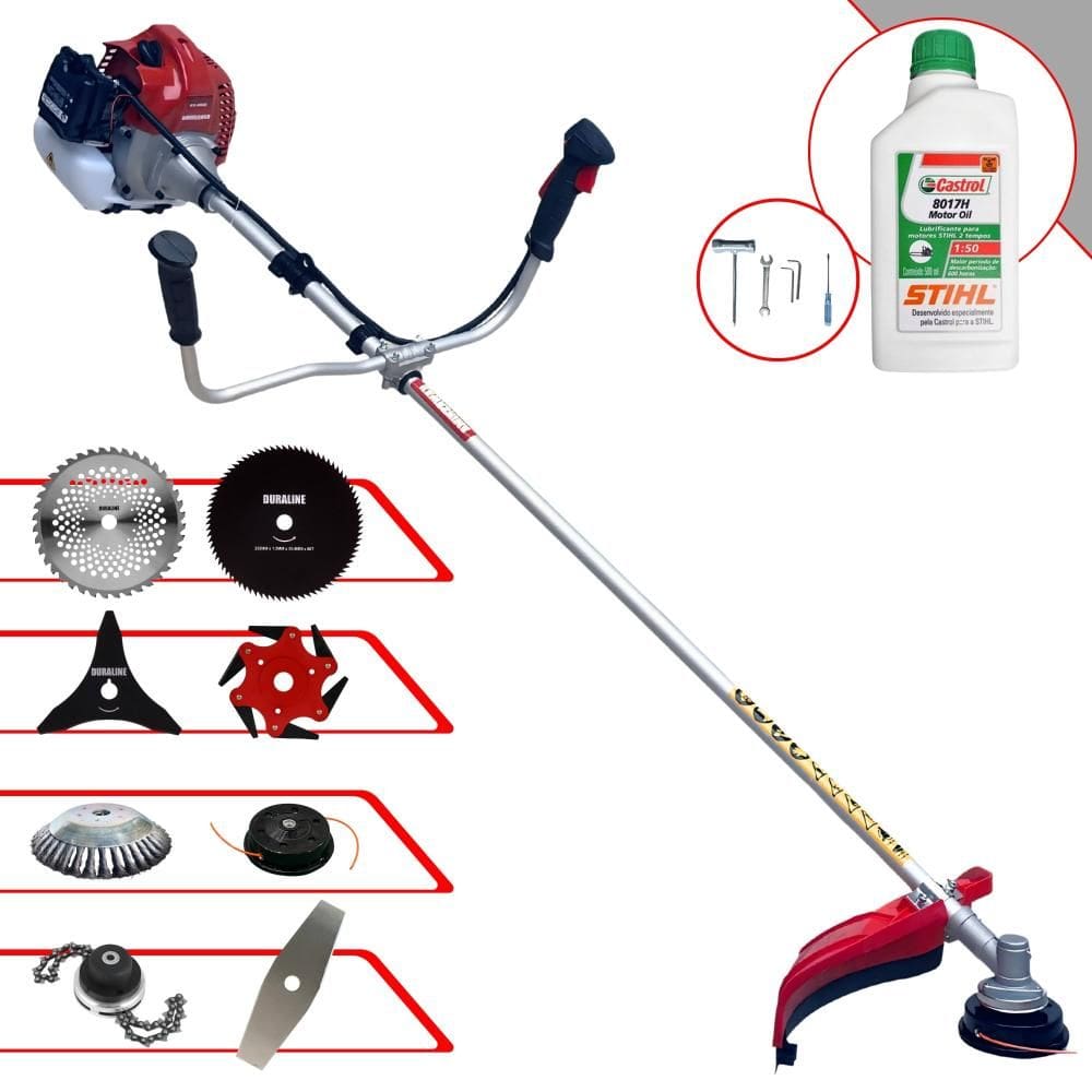 Roçadeira Profissional Kawashima BCJ431L À Gasolina 2T 43cc 1,7HP de Potência Alta Rotação Com Carretel de Nylon + Kit 7 Opções de Cortes + ÓLEO STIHL