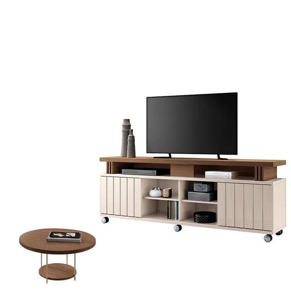 Rack Bancada Rivera Com Mesa De Centro Sky Off White Castanho – Hb Móveis