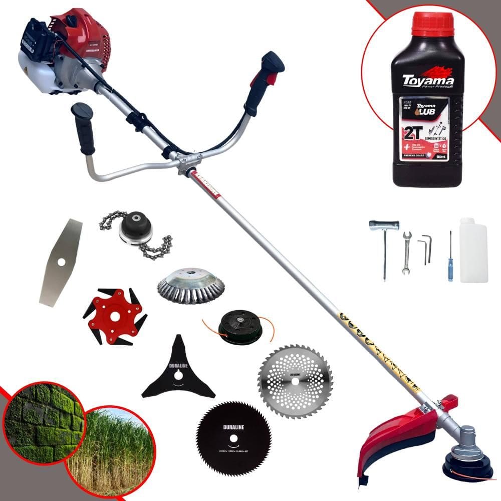 Roçadeira Kawashima BCJ431L 43cc 1,7HP C/ Carretel + Lâminas 2 Pontas, 3 Pontas, 6 Pontas, 40 Dentes, 80 Dentes, Trimmer e Escova de Aço + ÓLEO TOYAMA