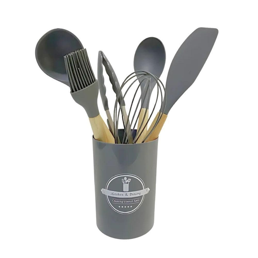 Conjunto De Utensílios Para Cozinha Em Silicone Com Cabo De Madeira 7 Peças Lehaví Cinza